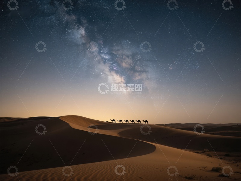 高清大图下载【趣麦麦图】沙漠夜景：骆驼队与银河