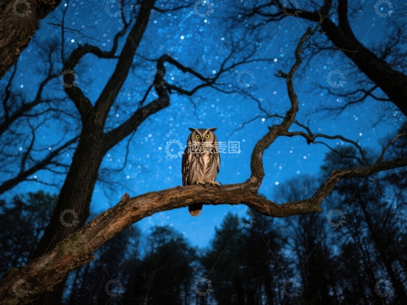 高清大图下载【趣麦麦图】夜空下的猫头鹰