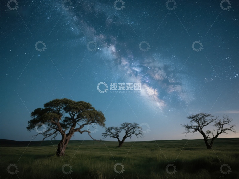 高清大图下载【趣麦麦图】夜空下的孤树与银河