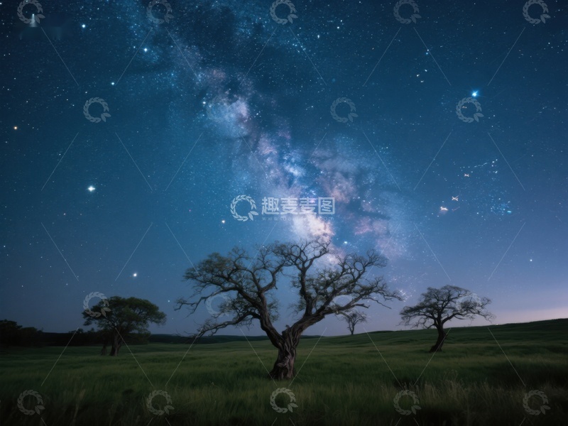 高清大图下载【趣麦麦图】夜空下的孤树与银河