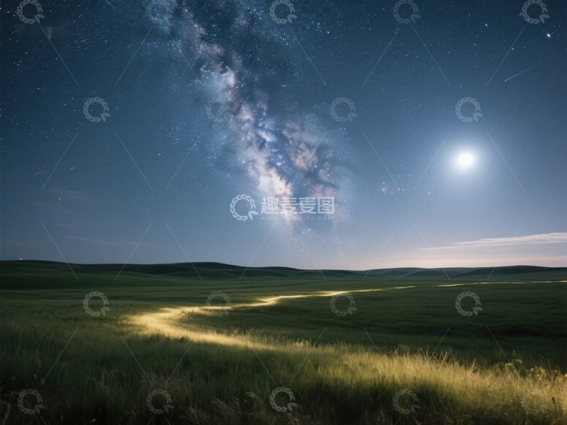 高清大图下载【趣麦麦图】夜空银河下的草原风光