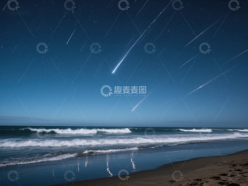 高清大图下载【趣麦麦图】海滩夜空下的星轨与海浪
