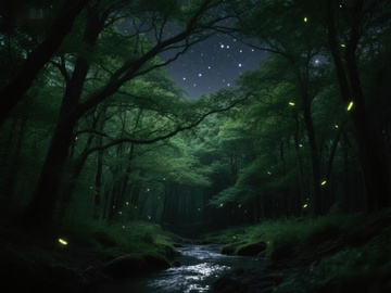 夜幕森林，萤火虫与星光交织