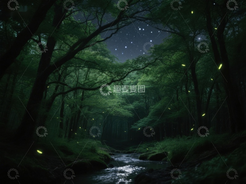 高清大图下载【趣麦麦图】-夜幕森林，萤火虫与星光交织