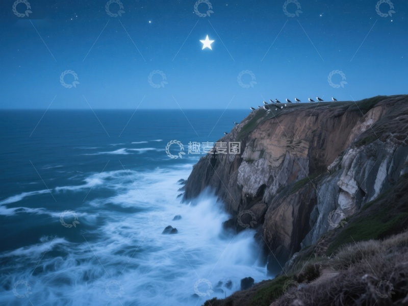 高清大图下载【趣麦麦图】夜空下的悬崖与海浪