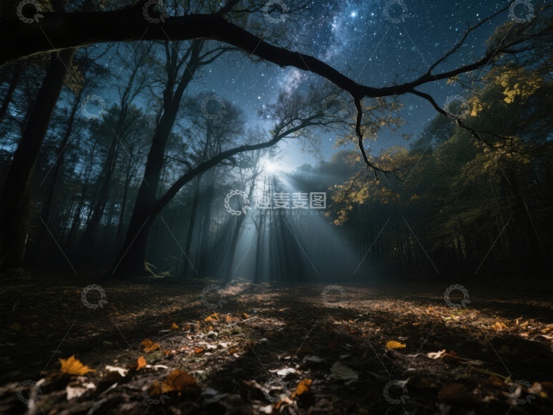 高清大图下载【趣麦麦图】夜林星光：神秘光芒穿透树梢