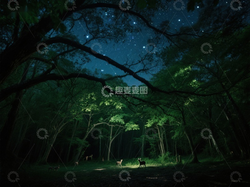 高清大图下载【趣麦麦图】夜林星光下的鹿群