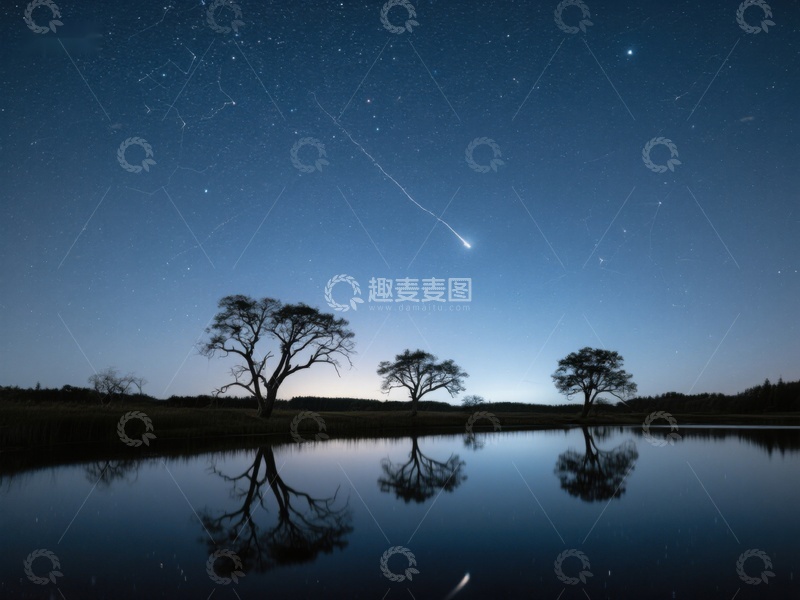 高清大图下载【趣麦麦图】夜空流星划过，湖畔树影倒映