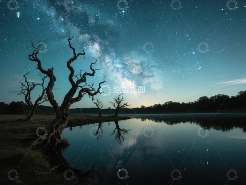 高清大图下载【趣麦麦图】夜空银河映照枯树静湖