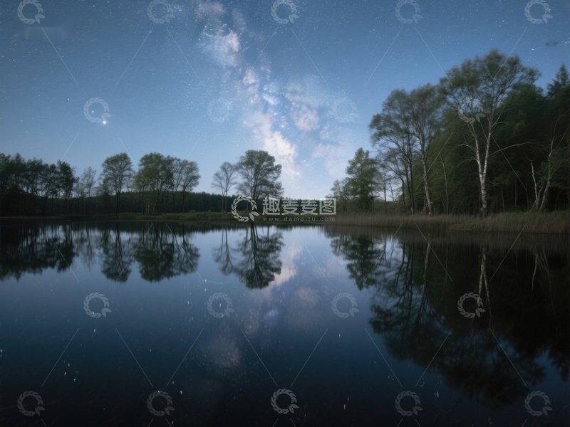 高清大图下载【趣麦麦图】夜空银河映湖面，树木倒影如画