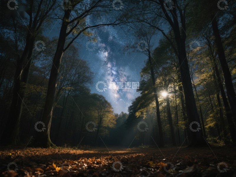 高清大图下载【趣麦麦图】夜幕森林，星光与晨光交织