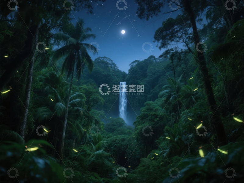 高清大图下载【趣麦麦图】夜幕下的热带雨林与瀑布