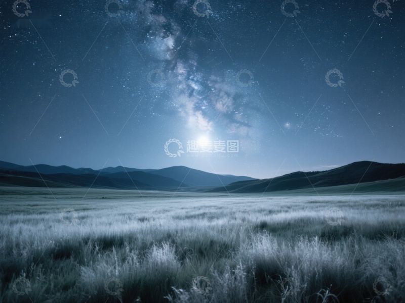 高清大图下载【趣麦麦图】夜空下的草原与银河