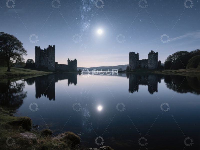 高清大图下载【趣麦麦图】月夜城堡倒影湖面