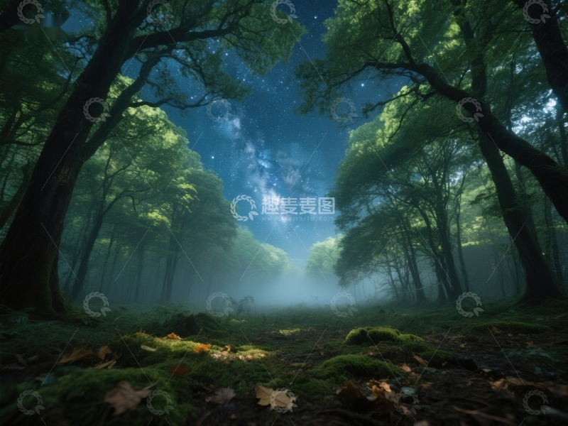 高清大图下载【趣麦麦图】夜幕森林，星光与雾气交织