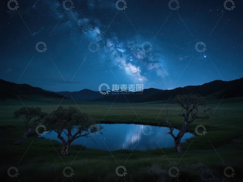 高清大图下载【趣麦麦图】夜空银河映照湖面与孤树