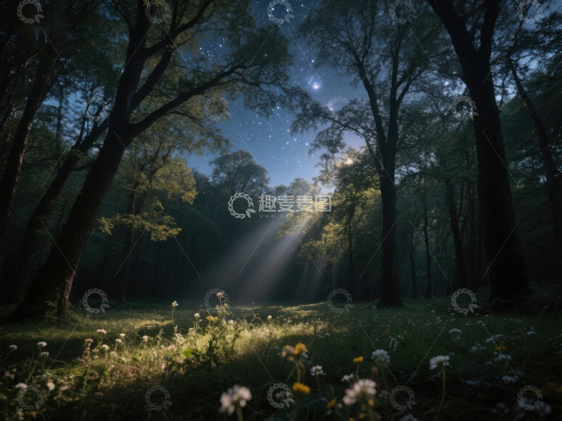高清大图下载【趣麦麦图】星光穿透林间，晨雾轻拂草地