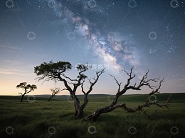 星空下的孤树剪影