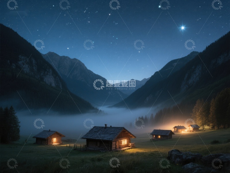 高清大图下载【趣麦麦图】山谷夜景：木屋灯火与星空