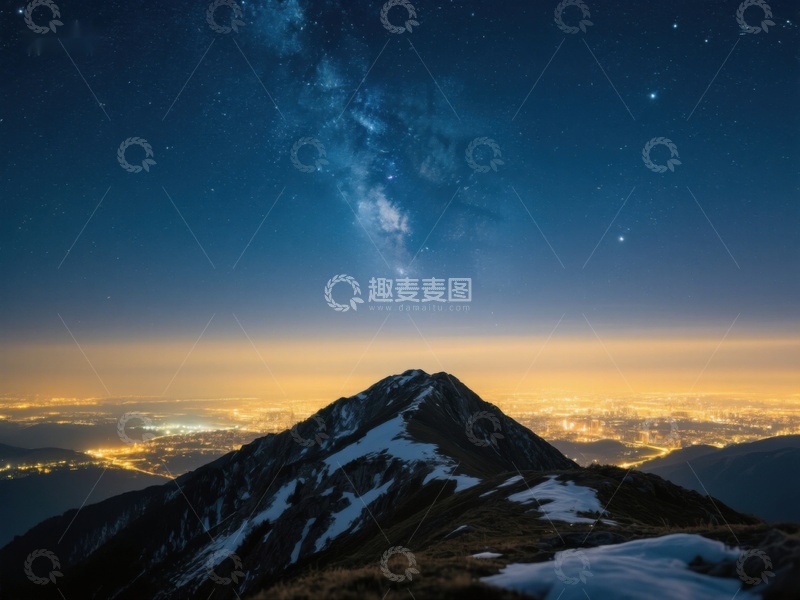 高清大图下载【趣麦麦图】夜空银河下的雪山与城市灯火