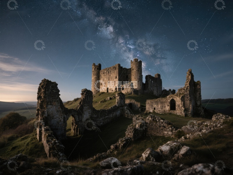 高清大图下载【趣麦麦图】夜空下的古老城堡遗迹