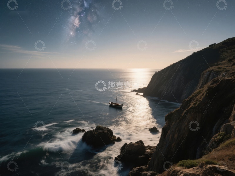 高清大图下载【趣麦麦图】悬崖边的孤舟与海景