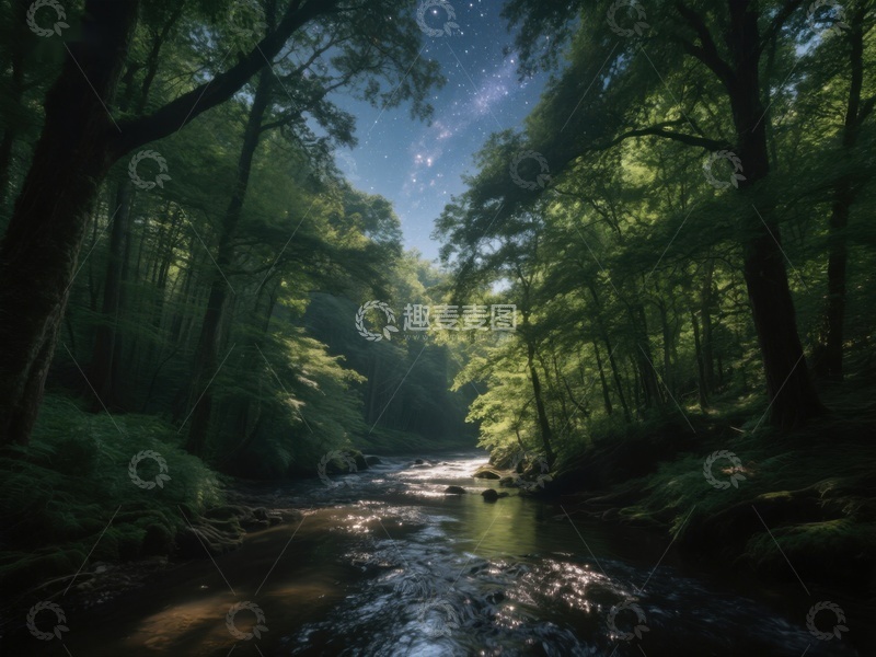 高清大图下载【趣麦麦图】森林溪流夜景
