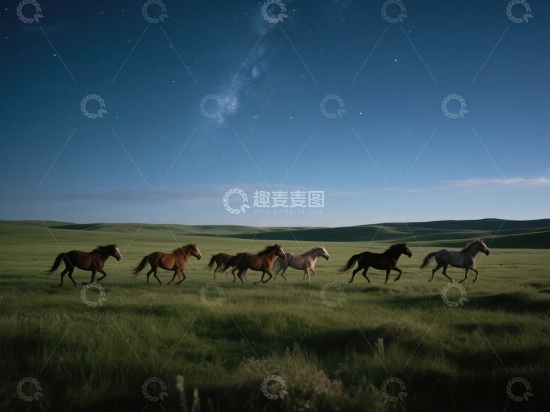 高清大图下载【趣麦麦图】夜空下奔跑的马群