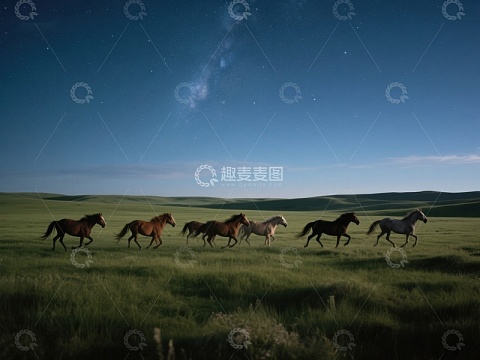 夜空下奔跑的马群