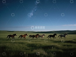夜空下奔跑的马群