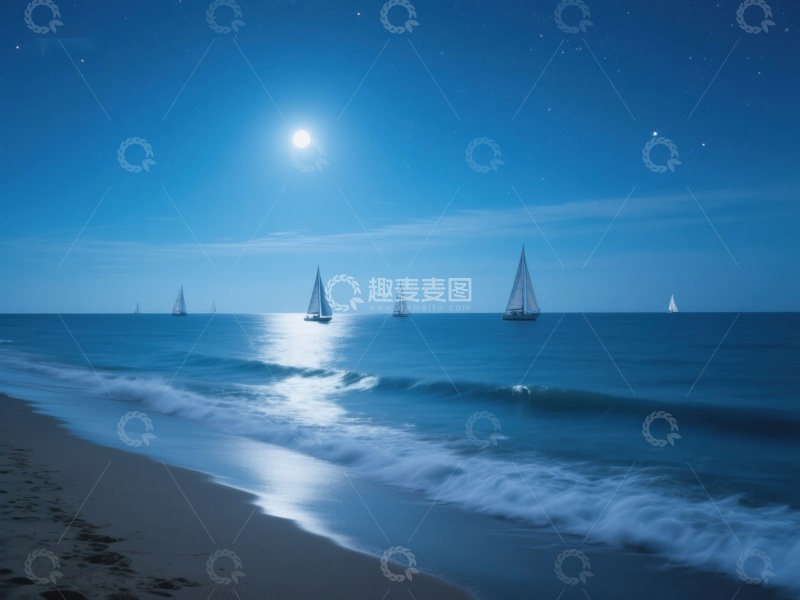 高清大图下载【趣麦麦图】月夜海滩帆船