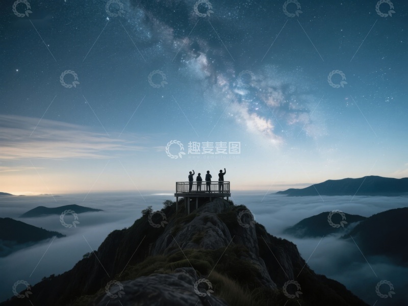 高清大图下载【趣麦麦图】山顶观景台上的星空与云海
