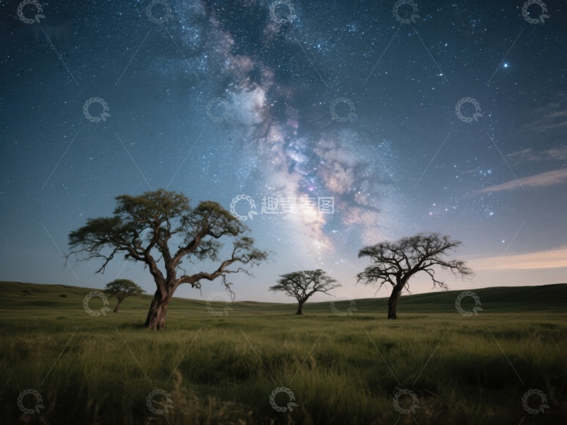 高清大图下载【趣麦麦图】-星空下的孤树与草原