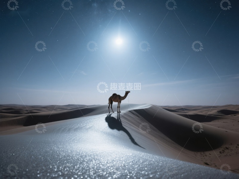 高清大图下载【趣麦麦图】沙漠月夜下的骆驼剪影