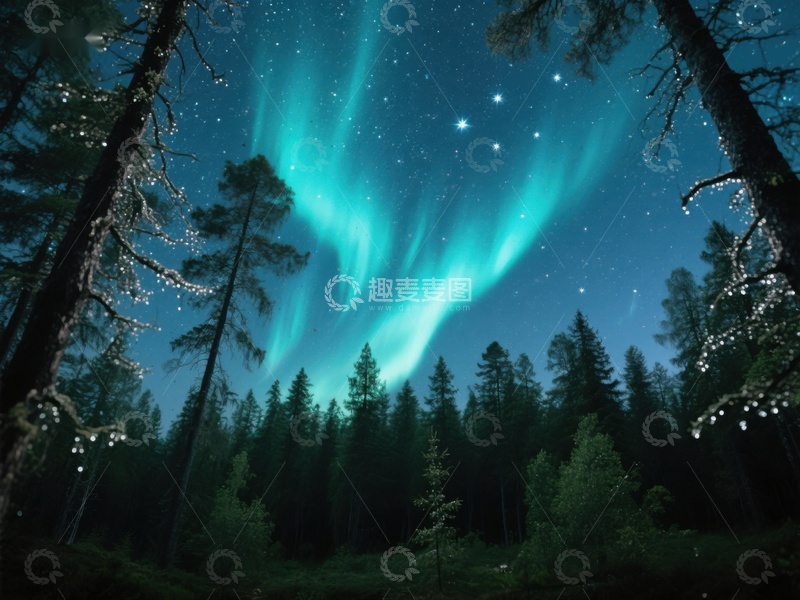 高清大图下载【趣麦麦图】极光下的森林夜景