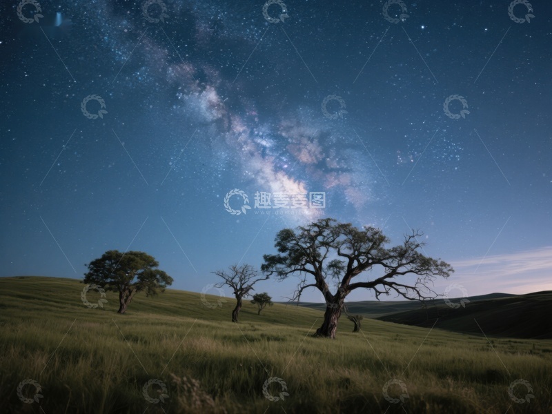 高清大图下载【趣麦麦图】夜空下的孤树与银河