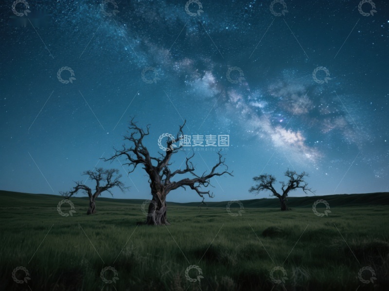 高清大图下载【趣麦麦图】夜空下的枯树与银河