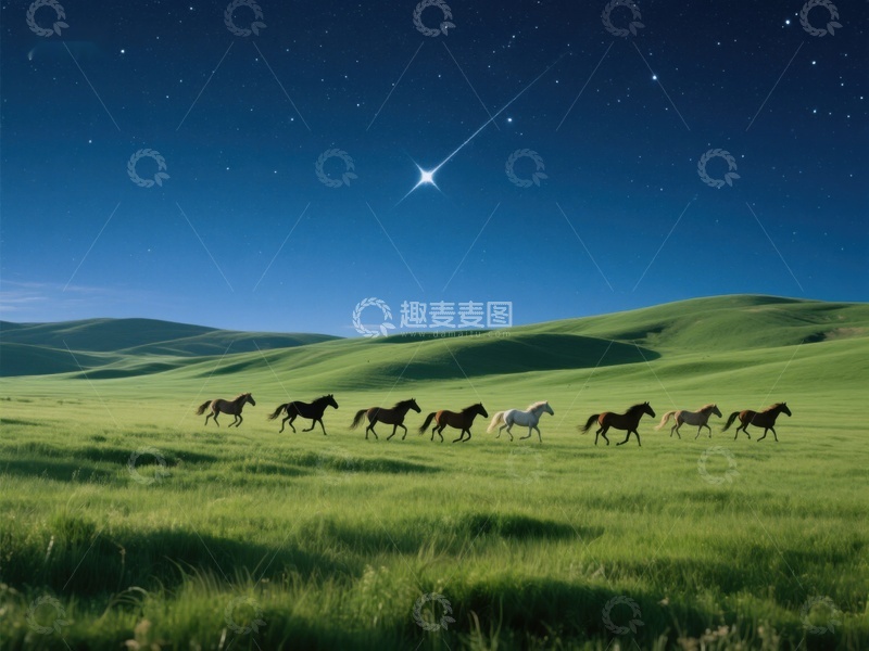 高清大图下载【趣麦麦图】夜空下草原骏马奔腾