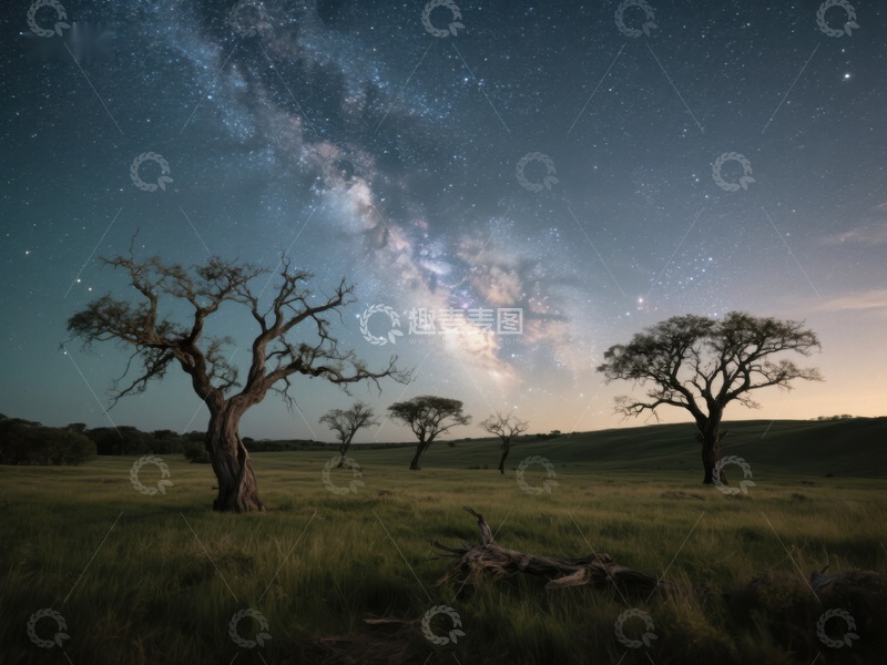 高清大图下载【趣麦麦图】-星空下的孤树与草原