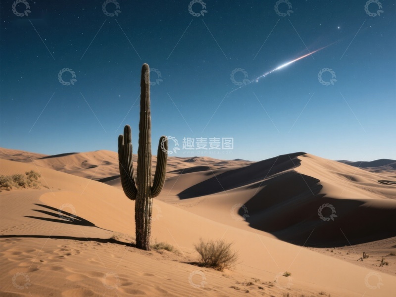 高清大图下载【趣麦麦图】沙漠夜景：仙人掌与流星
