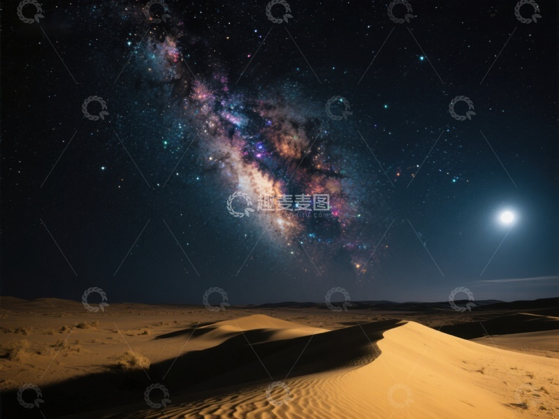 高清大图下载【趣麦麦图】沙漠夜空下的银河与明月