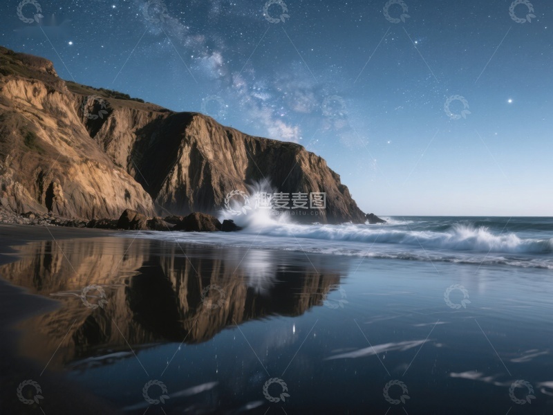 高清大图下载【趣麦麦图】夜空下的海岸线与海浪