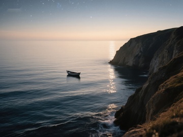 孤舟静泊悬崖边的宁静海景