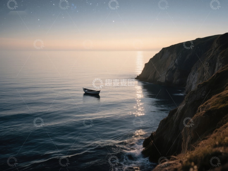高清大图下载【趣麦麦图】孤舟静泊悬崖边的宁静海景