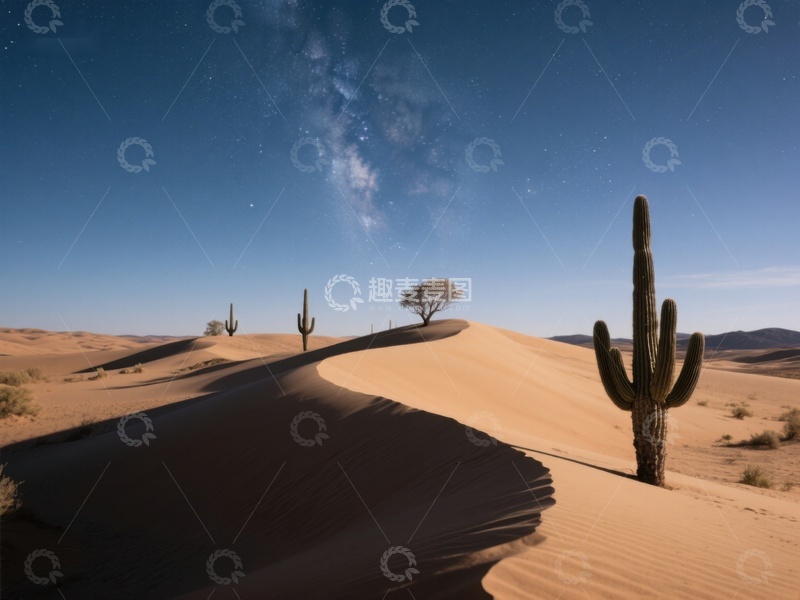 高清大图下载【趣麦麦图】夜空下的沙漠与仙人掌