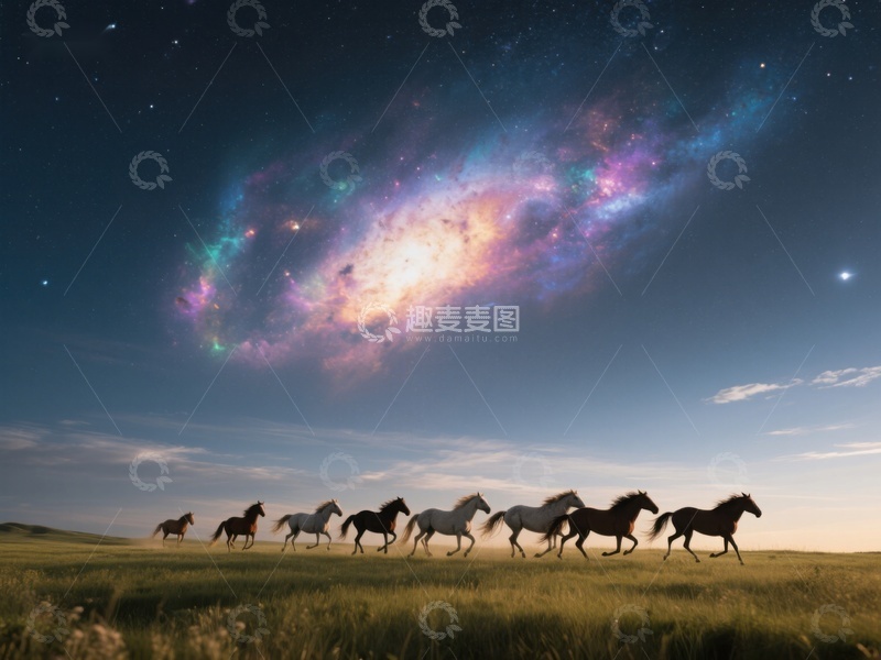 高清大图下载【趣麦麦图】星空下奔腾的马群