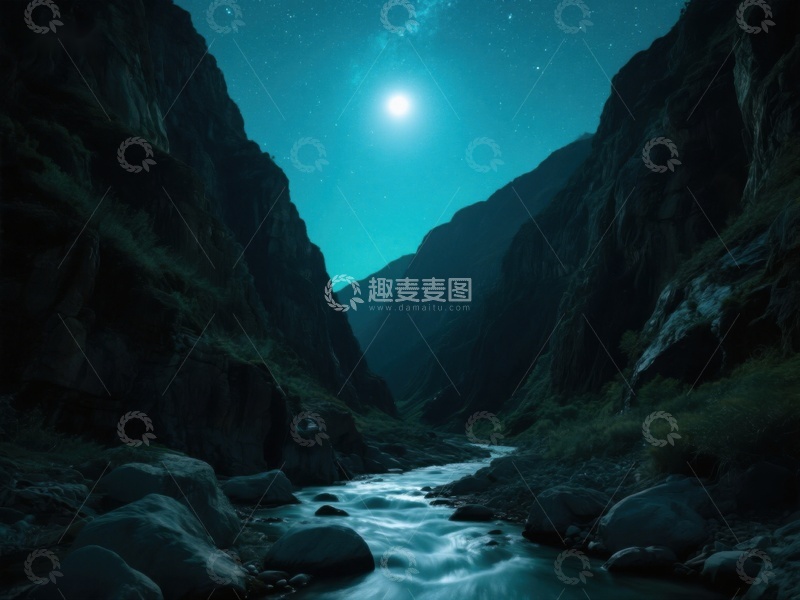 高清大图下载【趣麦麦图】月光下的峡谷溪流