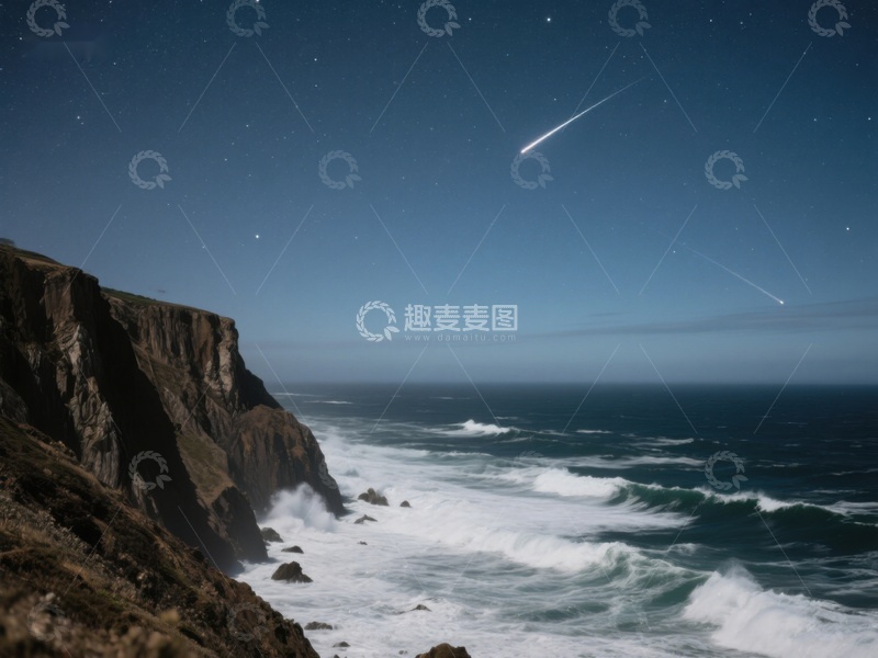 高清大图下载【趣麦麦图】海岸夜景与流星划过