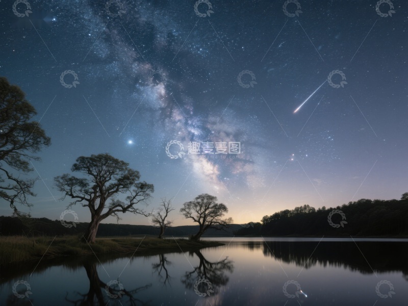 高清大图下载【趣麦麦图】银河流星划过静谧湖畔夜空