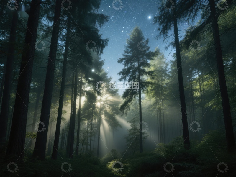 高清大图下载【趣麦麦图】夜幕森林，星光与雾气交织
